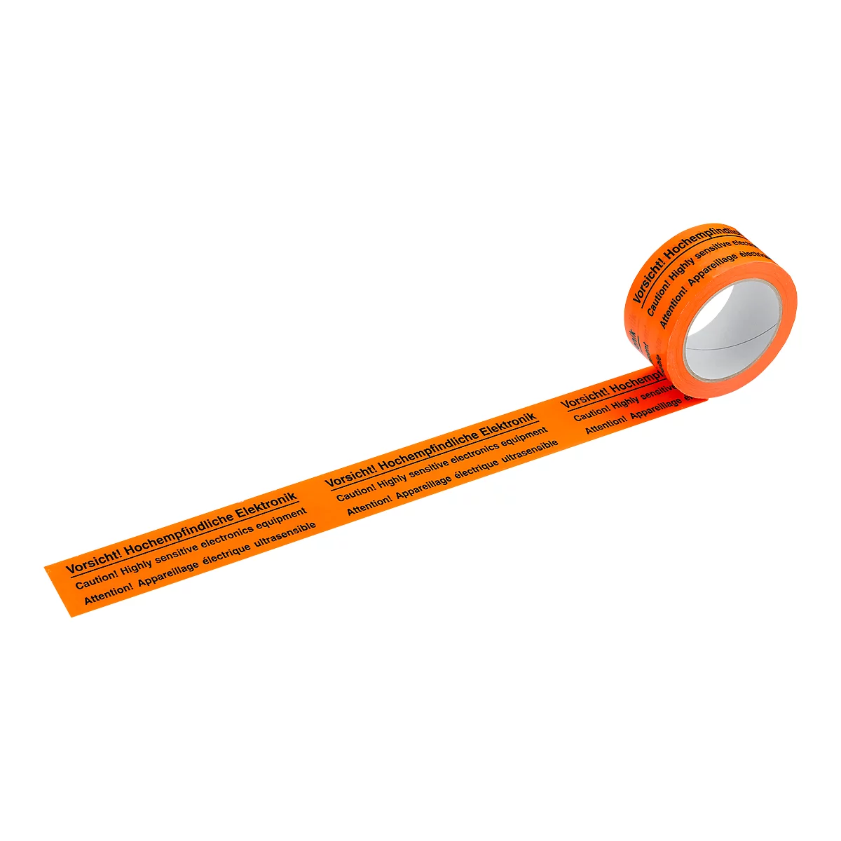 An orange roll of tape with the warning "Caution highly sensitive electronics equipment".