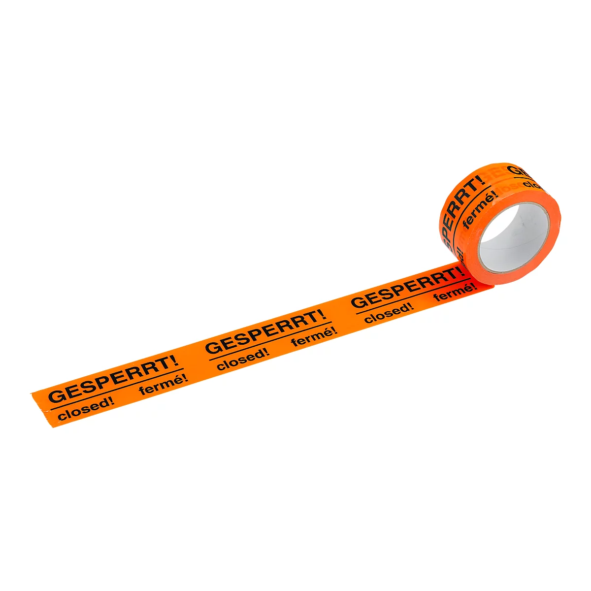 Orange barrier tape with black text: GESPERRT!, closed!, fermé!.