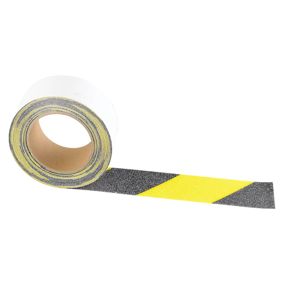 Rolled anti-slip tape roll. Black and yellow stripes. On a white background.