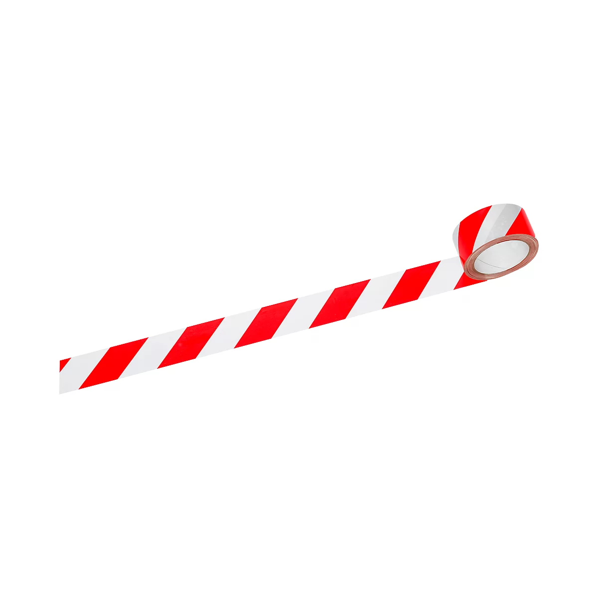 Red and white striped barrier tape, diagonally striped, with a roll in the background.