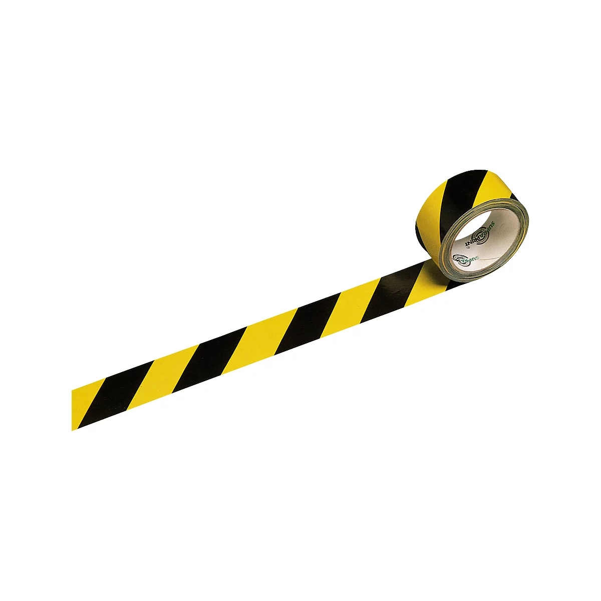 Yellow and black hazard tape unrolling from a roll.