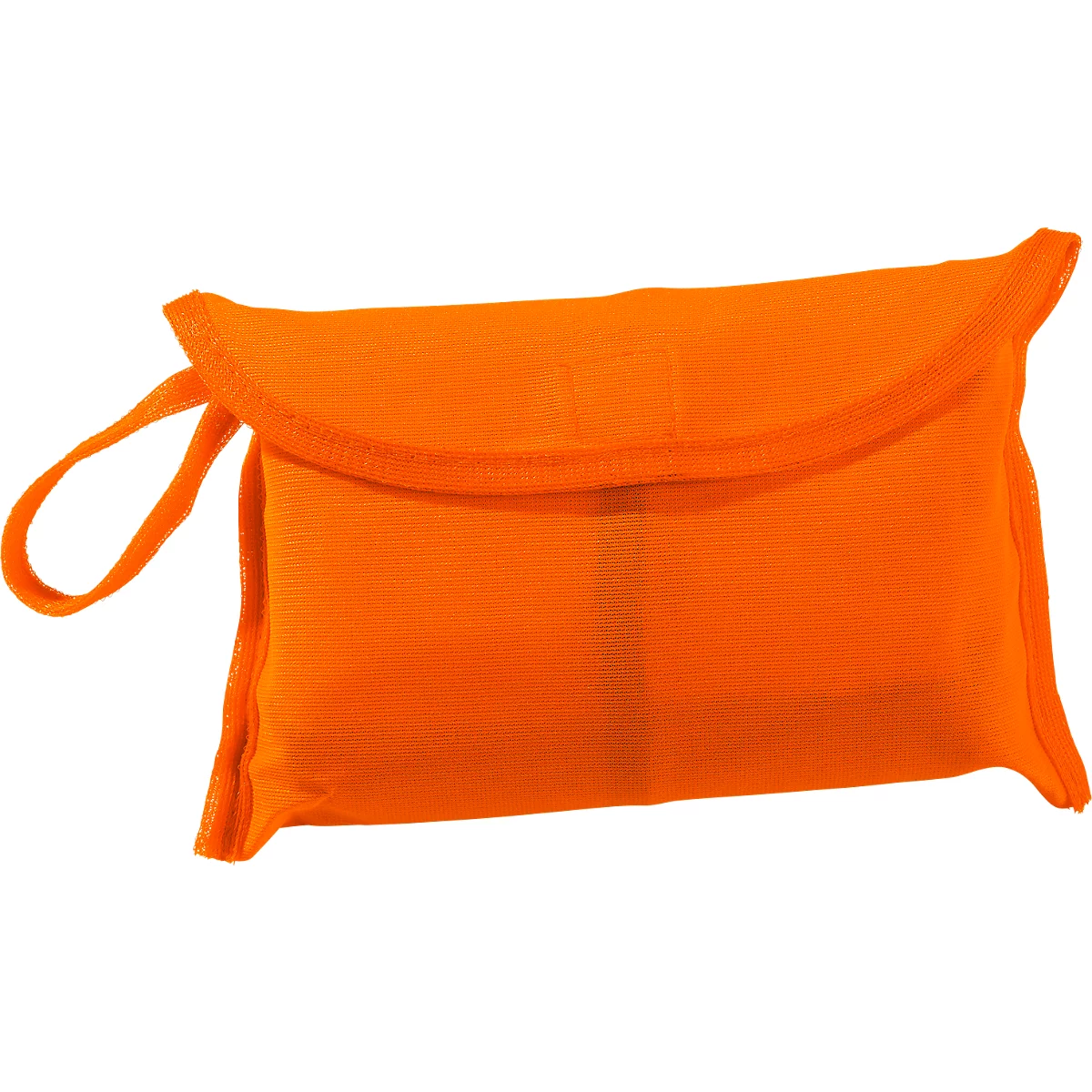 Kleine, leuchtend orangefarbene Aufbewahrungstasche mit Klettverschluss und praktischer Trageschlaufe.