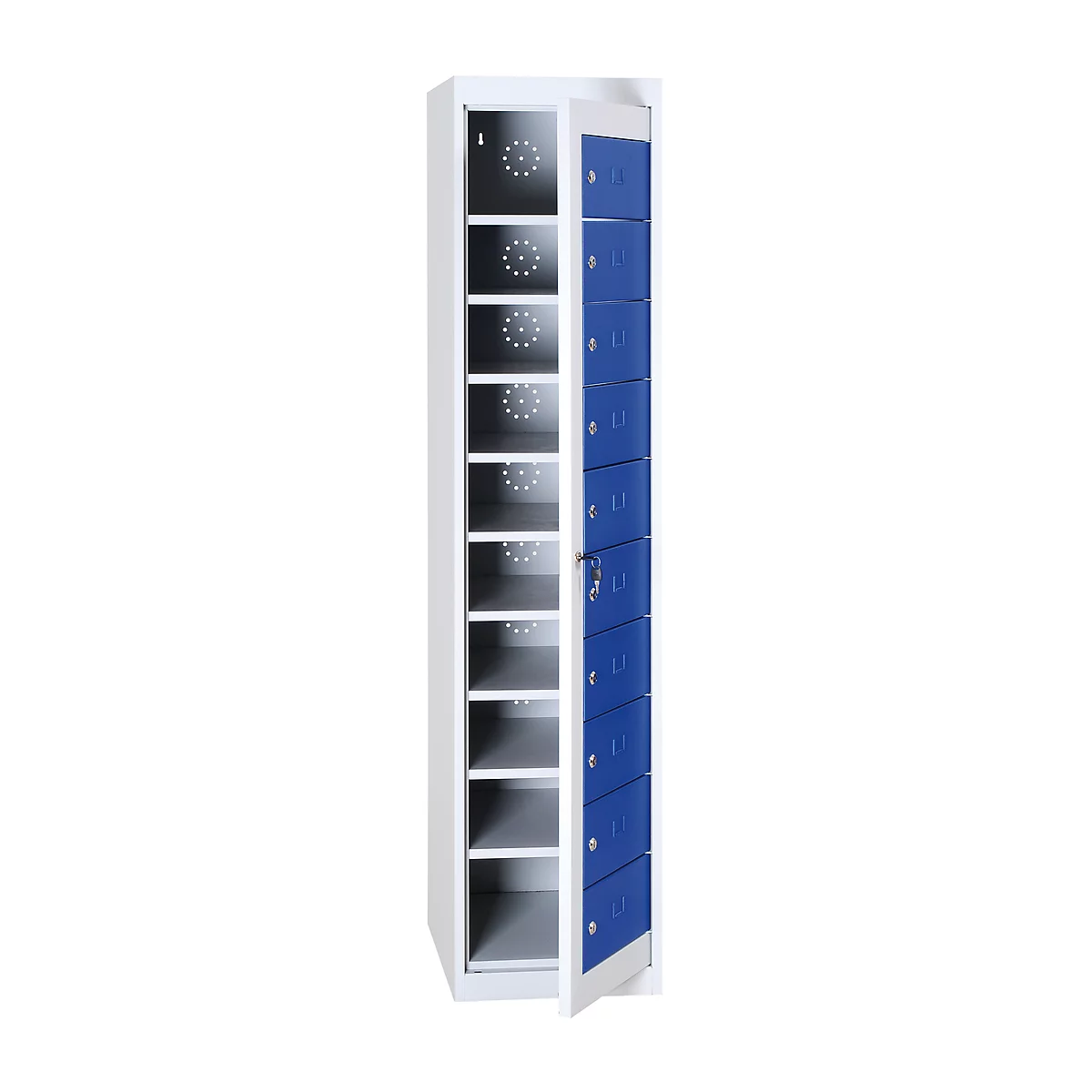 Wasgoedkast, afsluitbaar, met 10 vakken, hoogte 1800 mm, lichtgrijs/gentiaanblauw