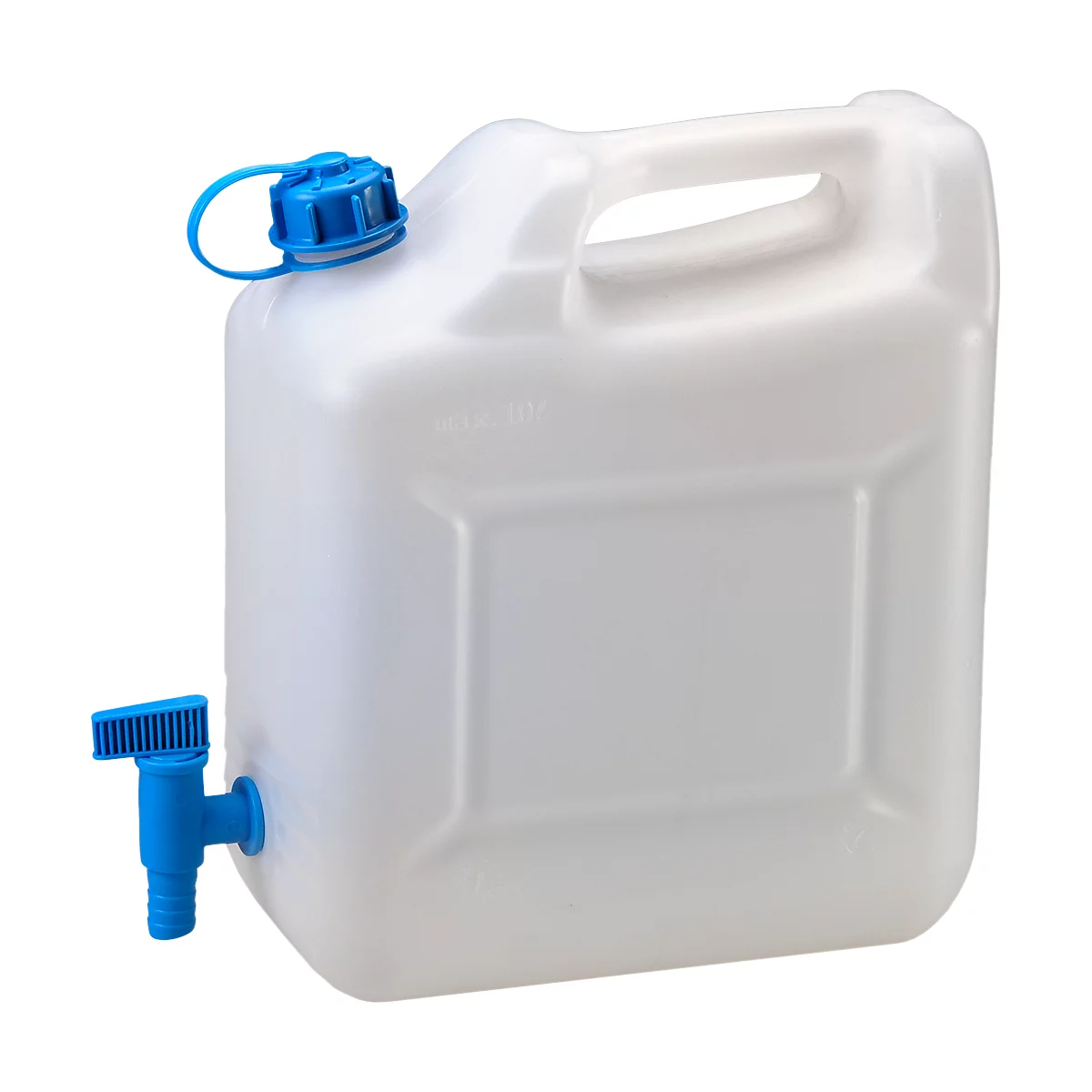 Weißer Wasserkanister mit blauem Deckel und Ausguss.