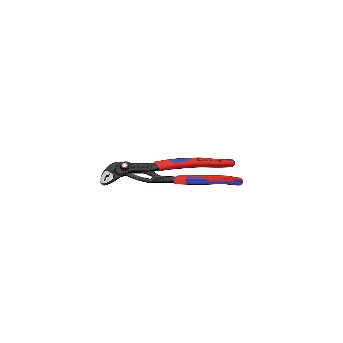 Zange mit roten und blauen Griffen. Schwarzer Kopf mit verstellbarer Backe.