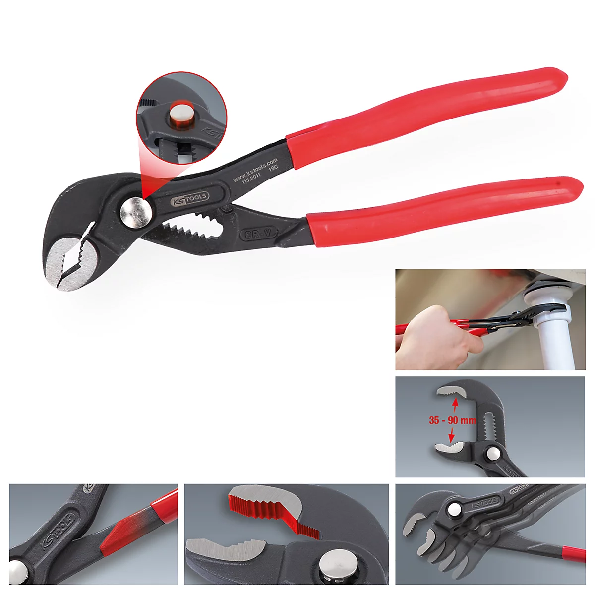 Schwarze Rohrzange mit roten Griffen, Nahaufnahmen und Anwendungsszenarien.