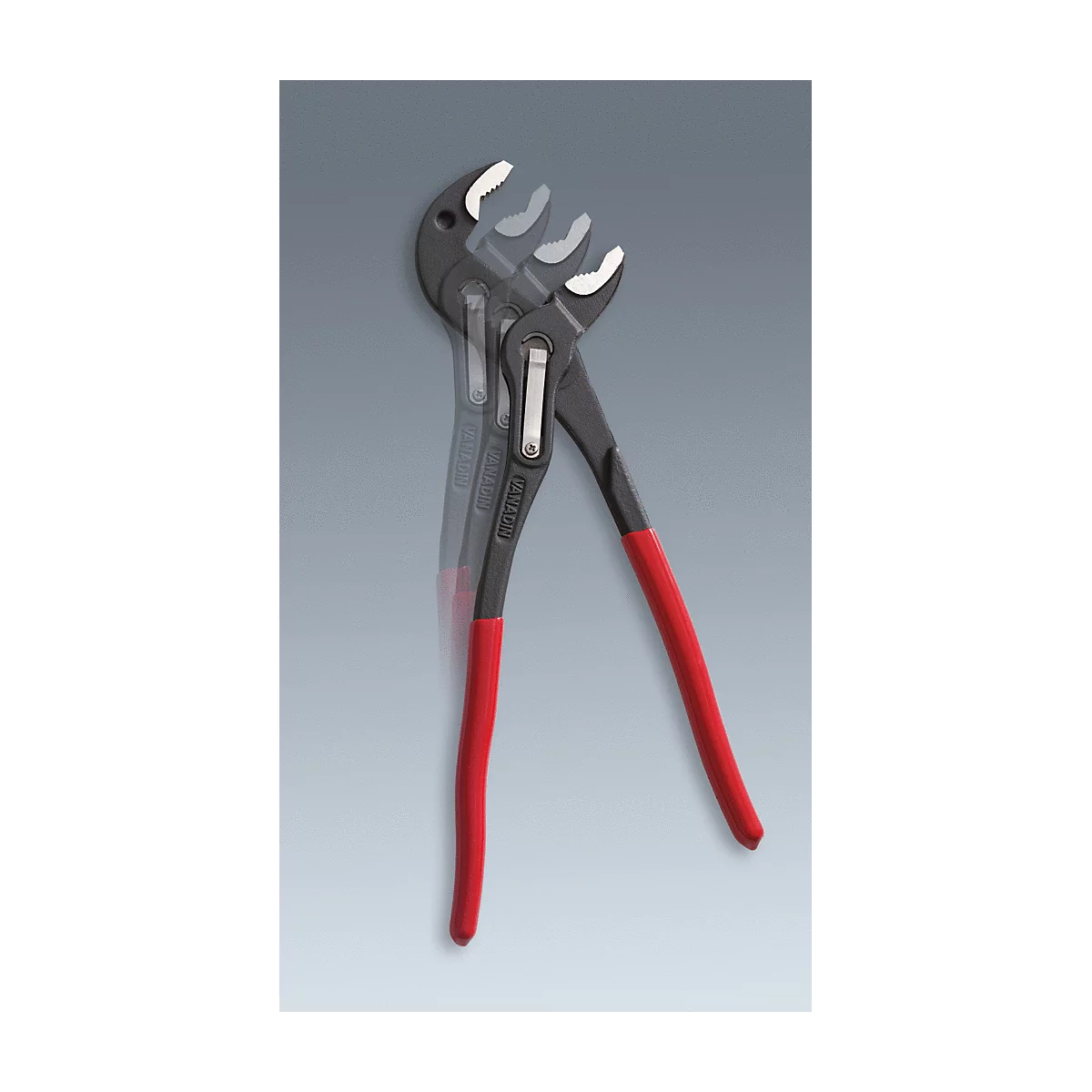 Eine verstellbare Wasserpumpenzange mit schwarzen Backen, rotem Griff und mehreren offenen Positionen.