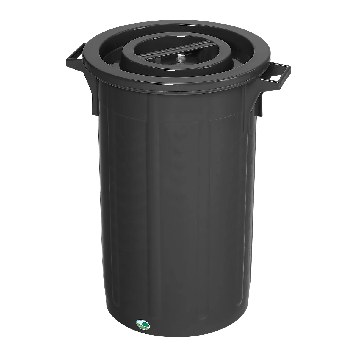 Grey trash can with lid and side handles. There is a round opening on the lid.