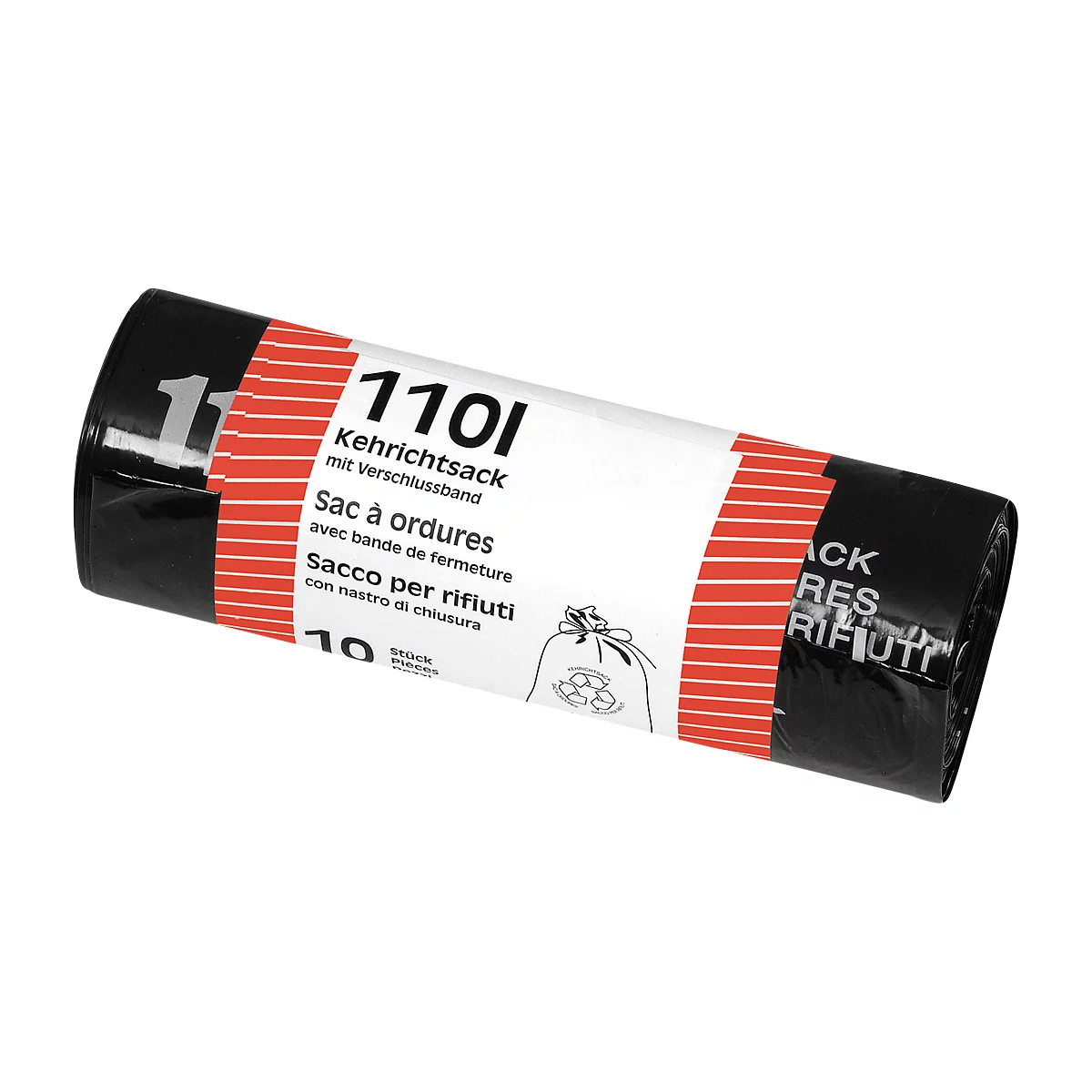 Black garbage bag roll with white print, text in German, French, Italian.