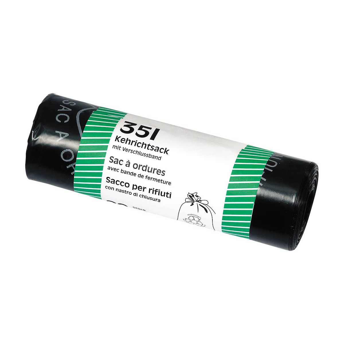A rolled black trash bag with a green and white paper band. The band reads "Kehrichtsack/Sac à ordures" in multiple languages.