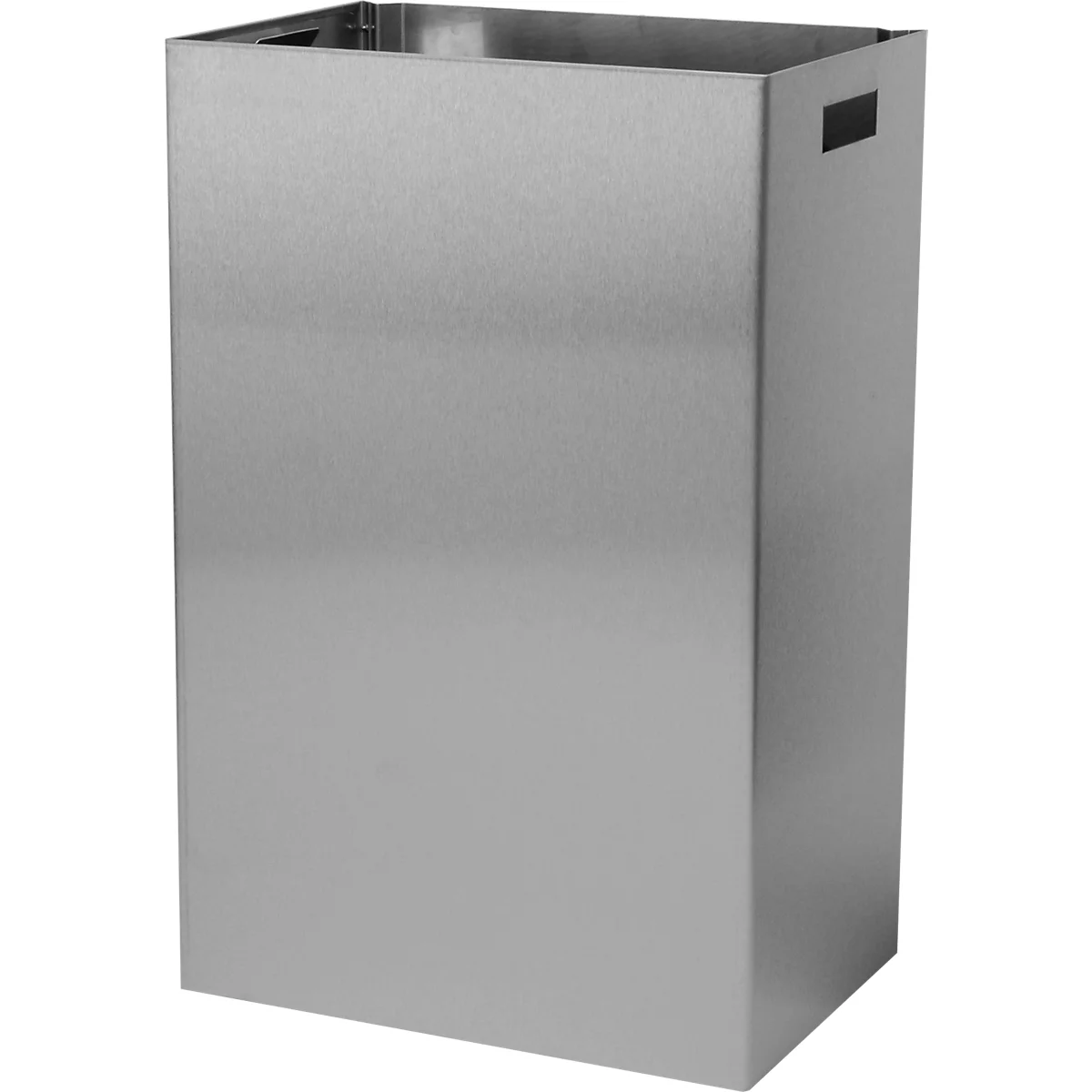 Gray, rectangular metal trash can, with handles on the sides.
