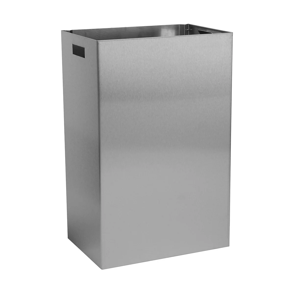 A rectangular metal trash can with handles on the sides.