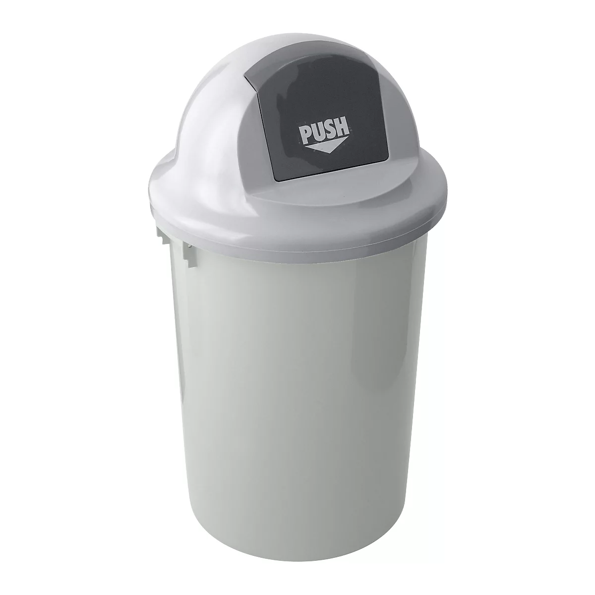 White trash can with push lid, marked 'PUSH'.