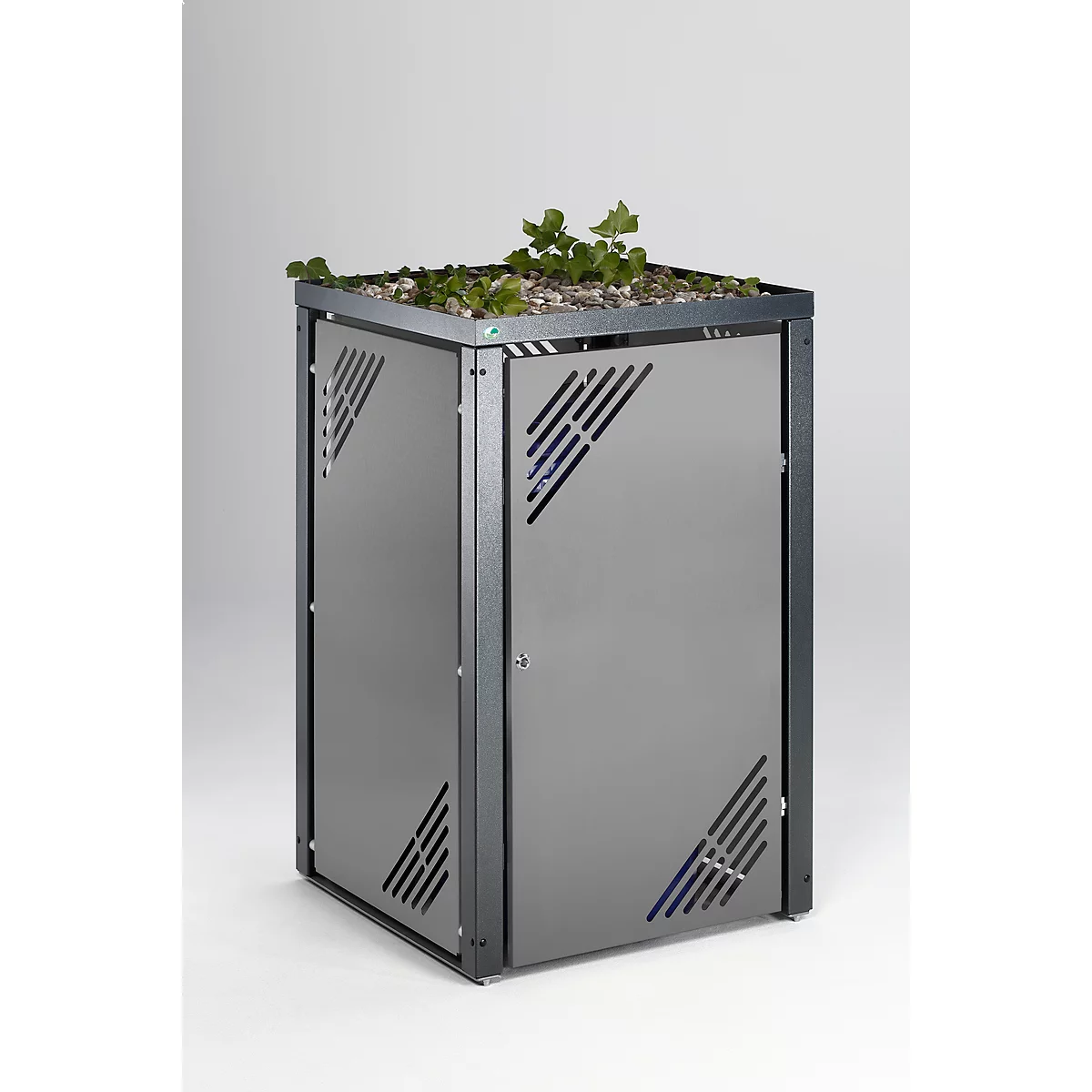 Grey rectangular planter with green plant growth and angled ventilation slots.