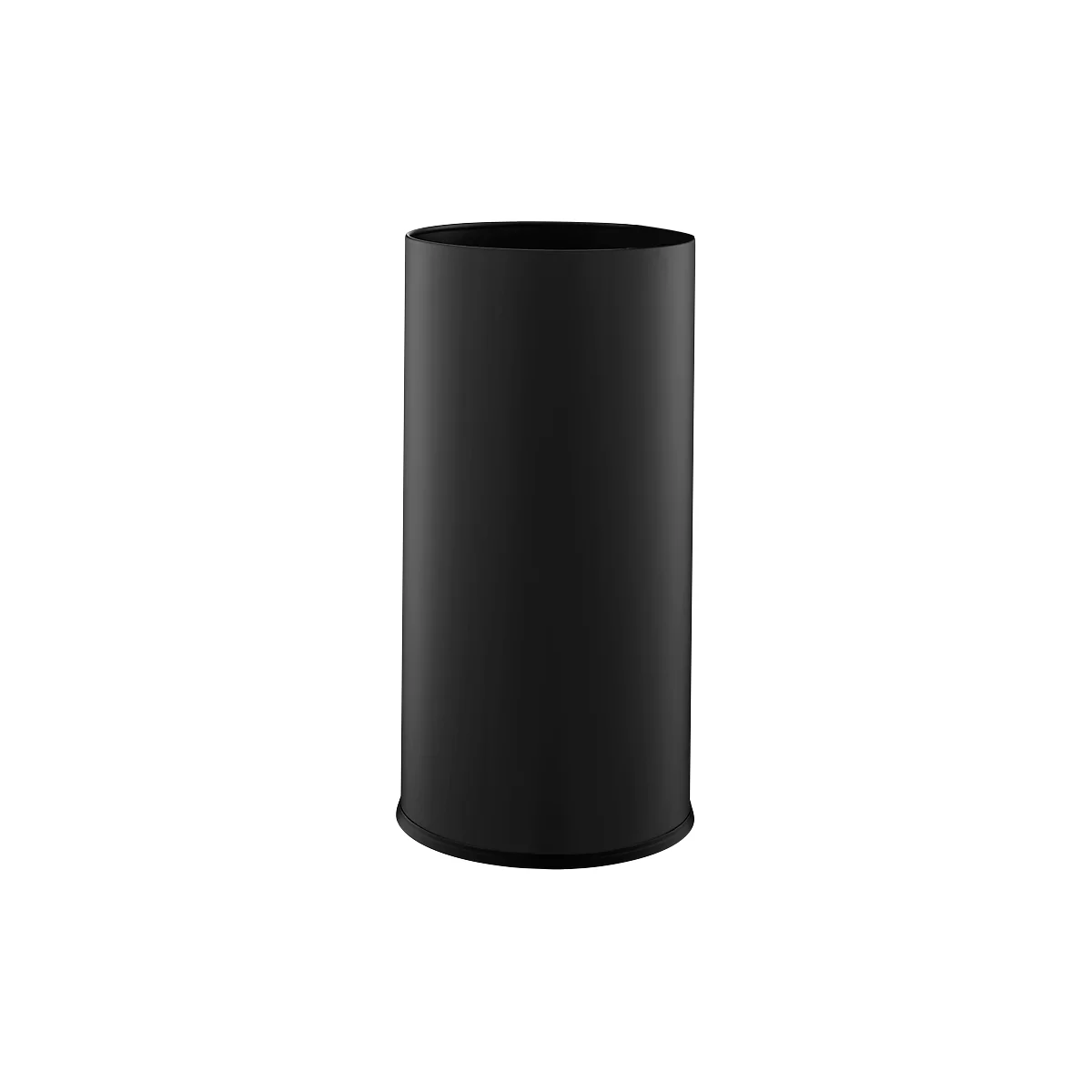 Black cylindrical trash can. Tall, straight sides. Slightly rounded at the base and top.