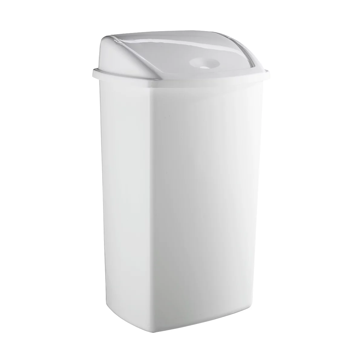 White trash can with a slightly curved lid. The lid has a knob to open it.