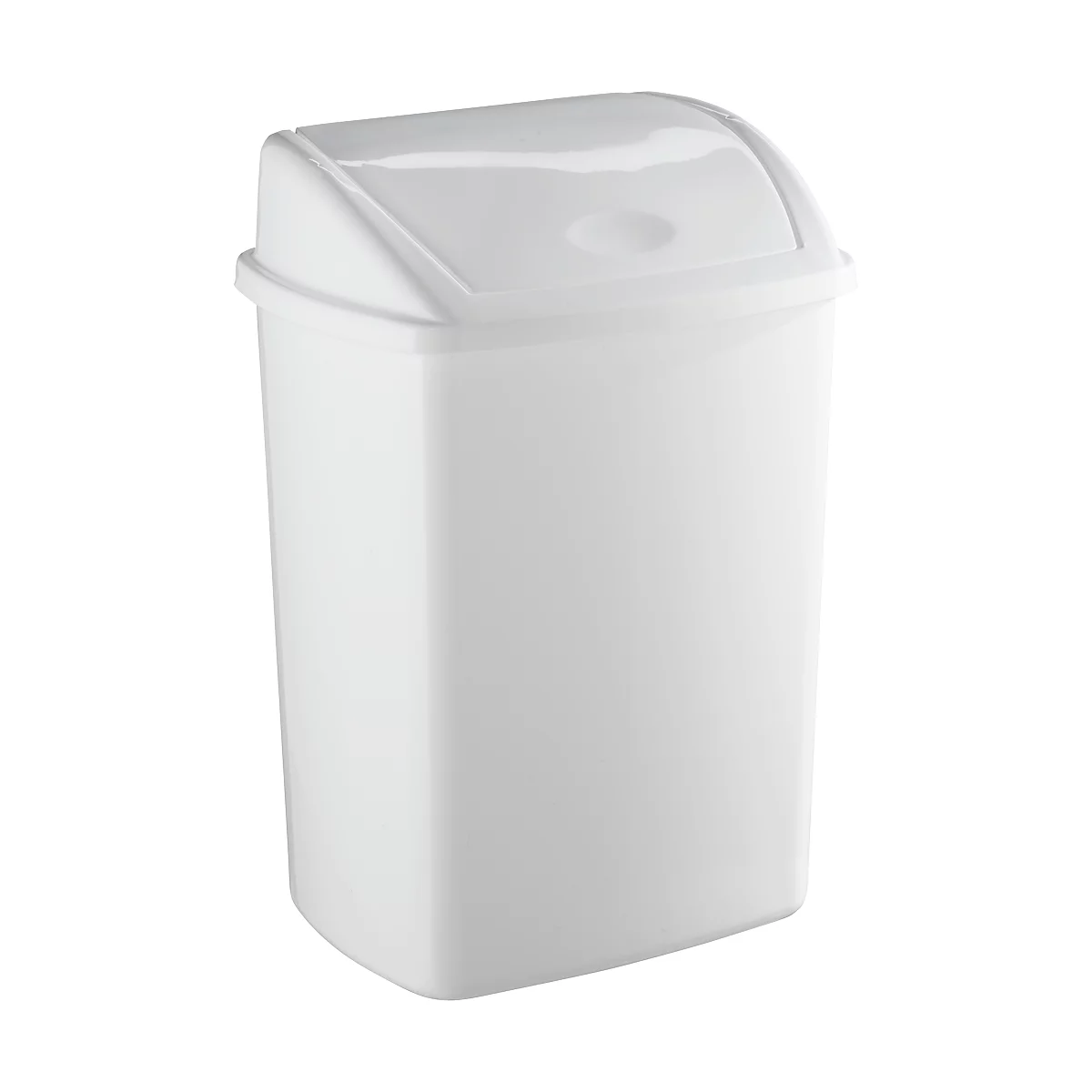 White swing-top trash can, rectangular. Lid with recessed handle.