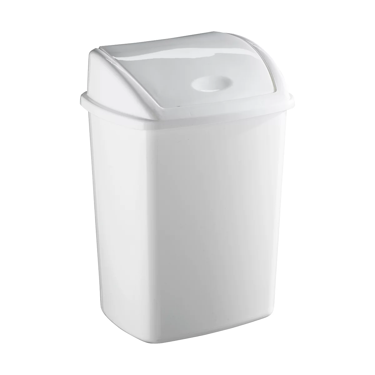 White trash can with swing lid, plastic.