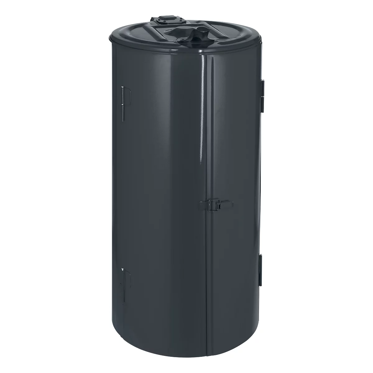 Gray trash container with lid. Vertical, rounded shape, two hinges and a closure.