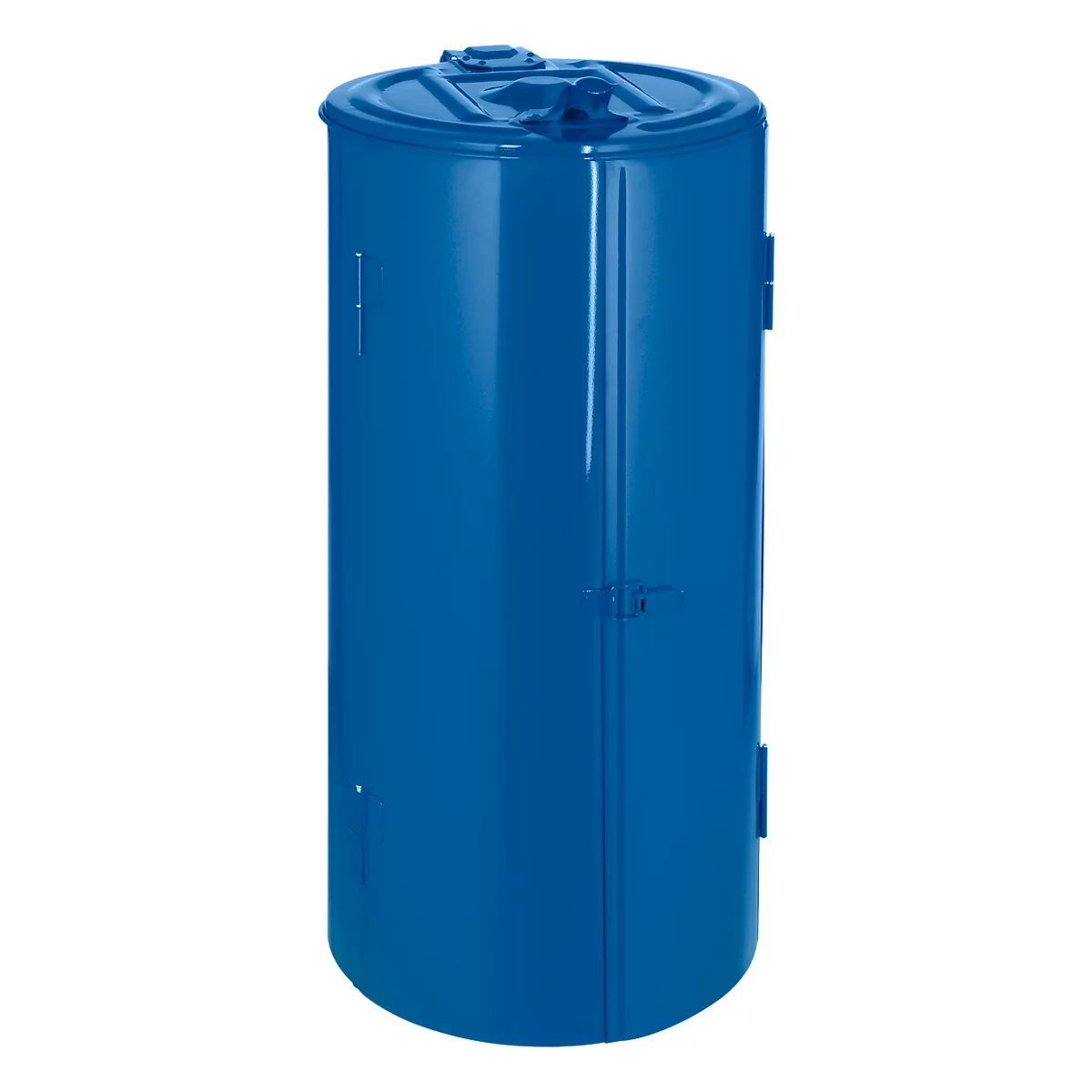 Blue, cylindrical plastic container. Lid and handle on top. A door with a lock is visible on the side.