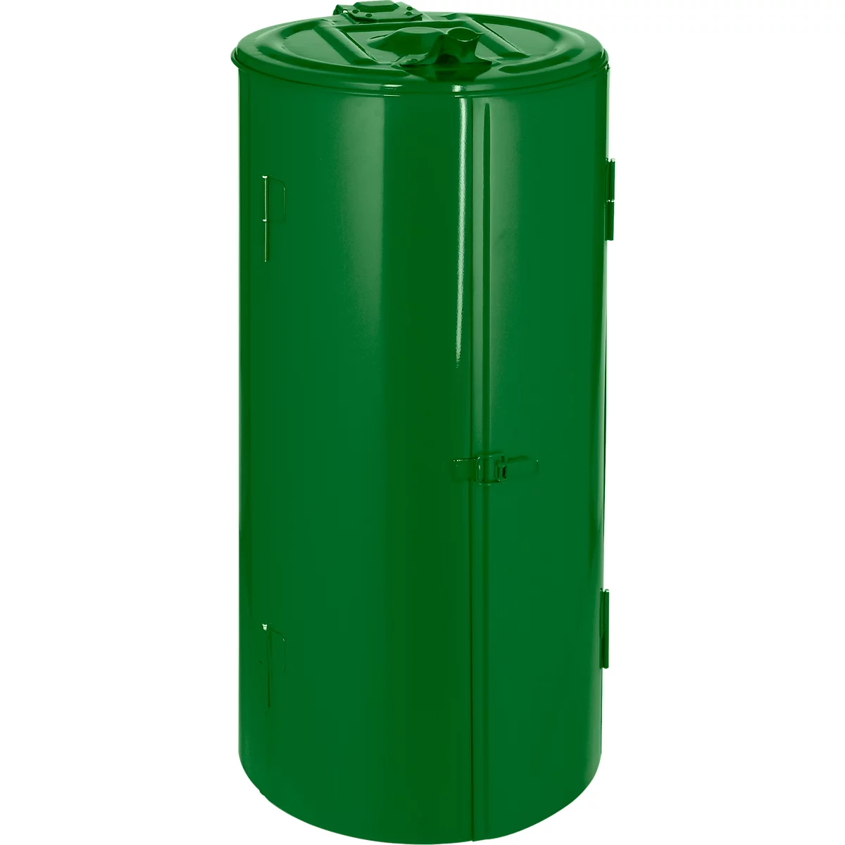 Green, cylindrical trash can with lid and two handles.