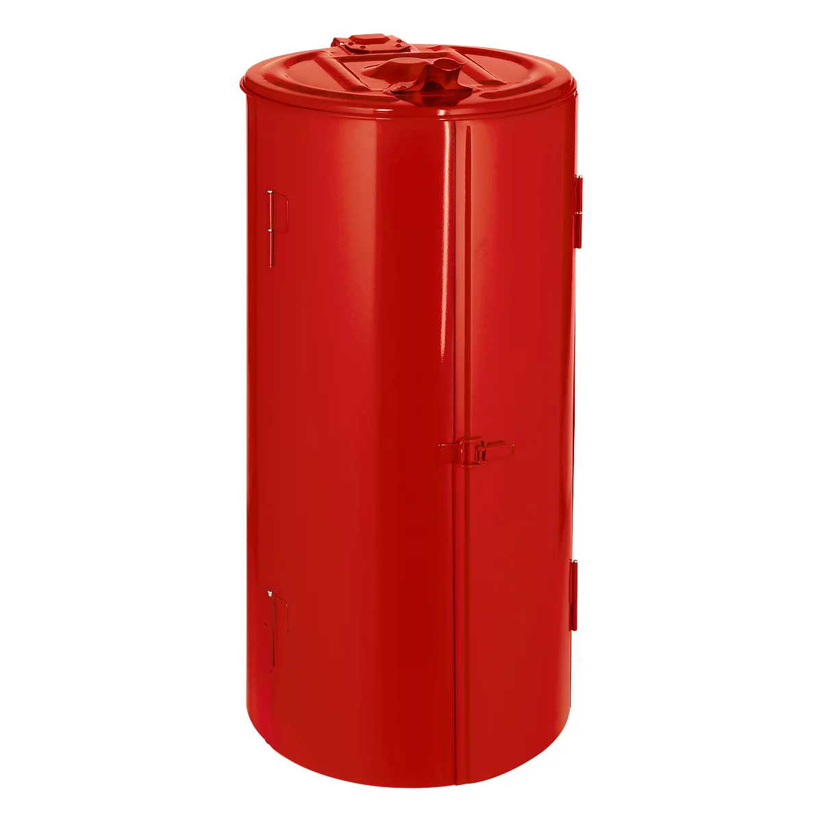 Red cylindrical container with lid, two handles and small doors.