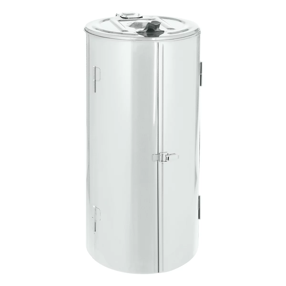Cylindrical metal container with lid and flap. Shiny surface, details in the form of hinges and a handle.