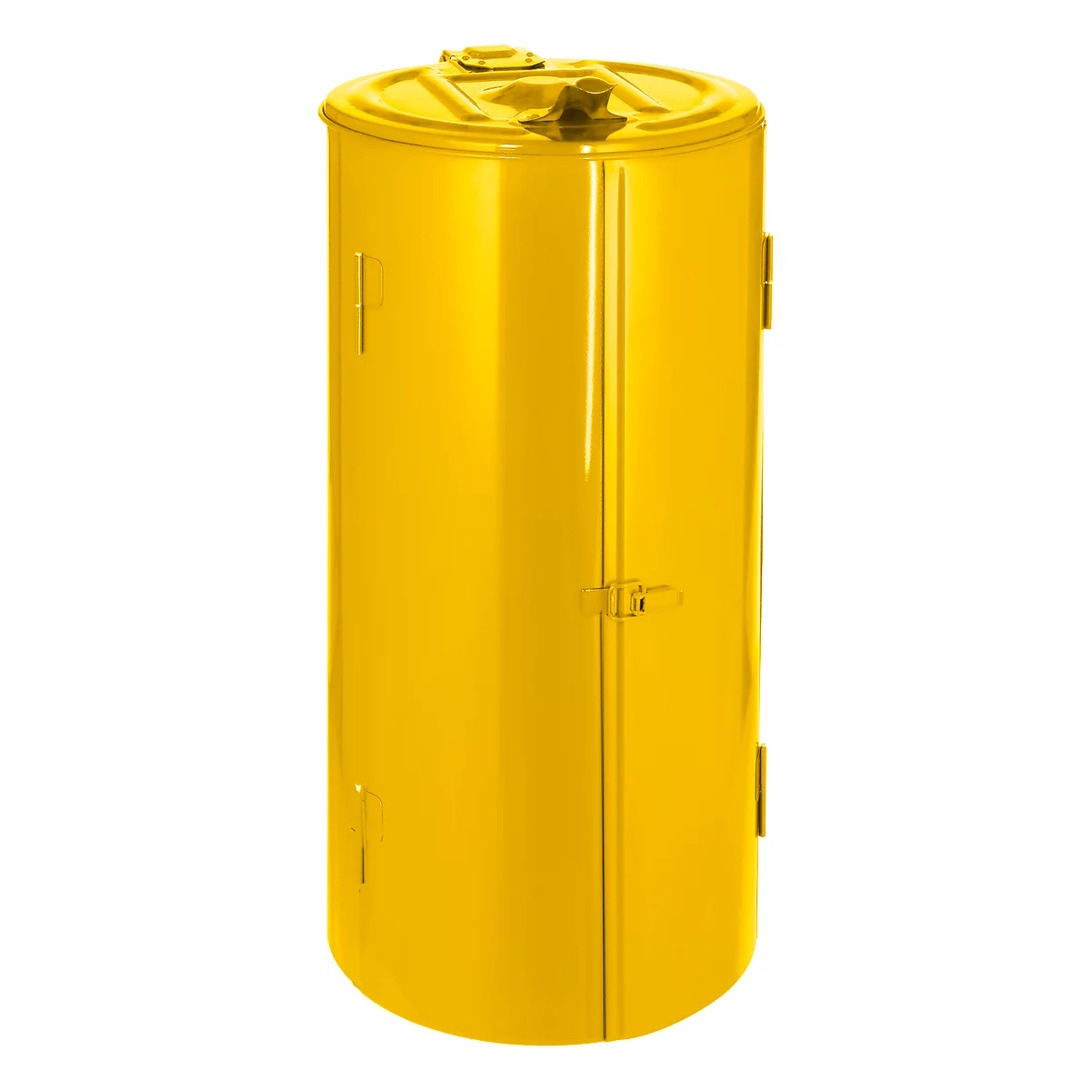 Yellow, cylindrical drum with lid and handle. Two doors are attached to the sides.
