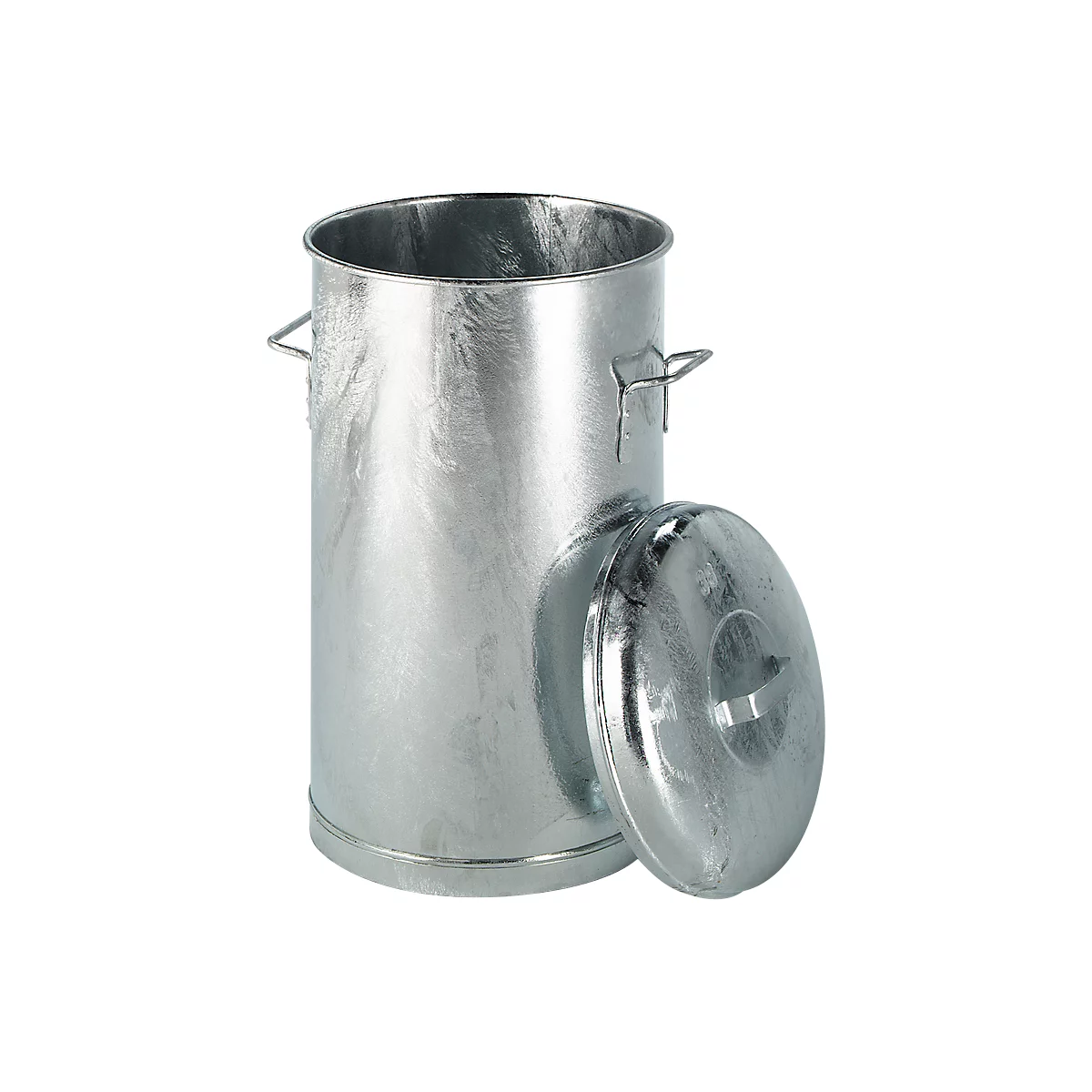 A metallic, cylindrical trash can with lid. Handles on the sides.