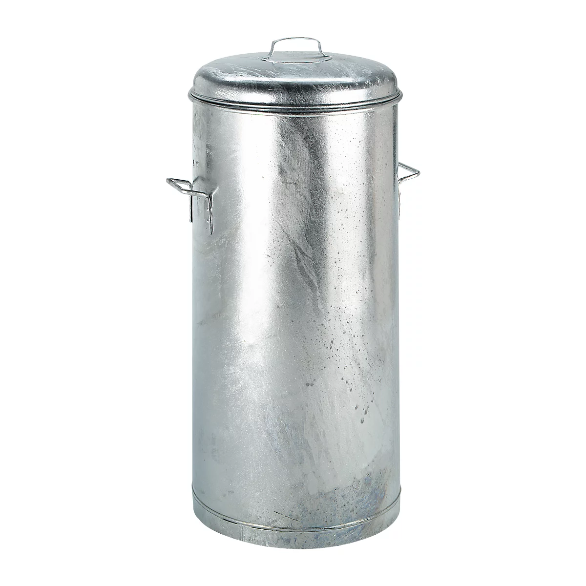 A gray, cylindrical metal trash can with a lid and handles. The lid has a small handle. The surface is slightly uneven.