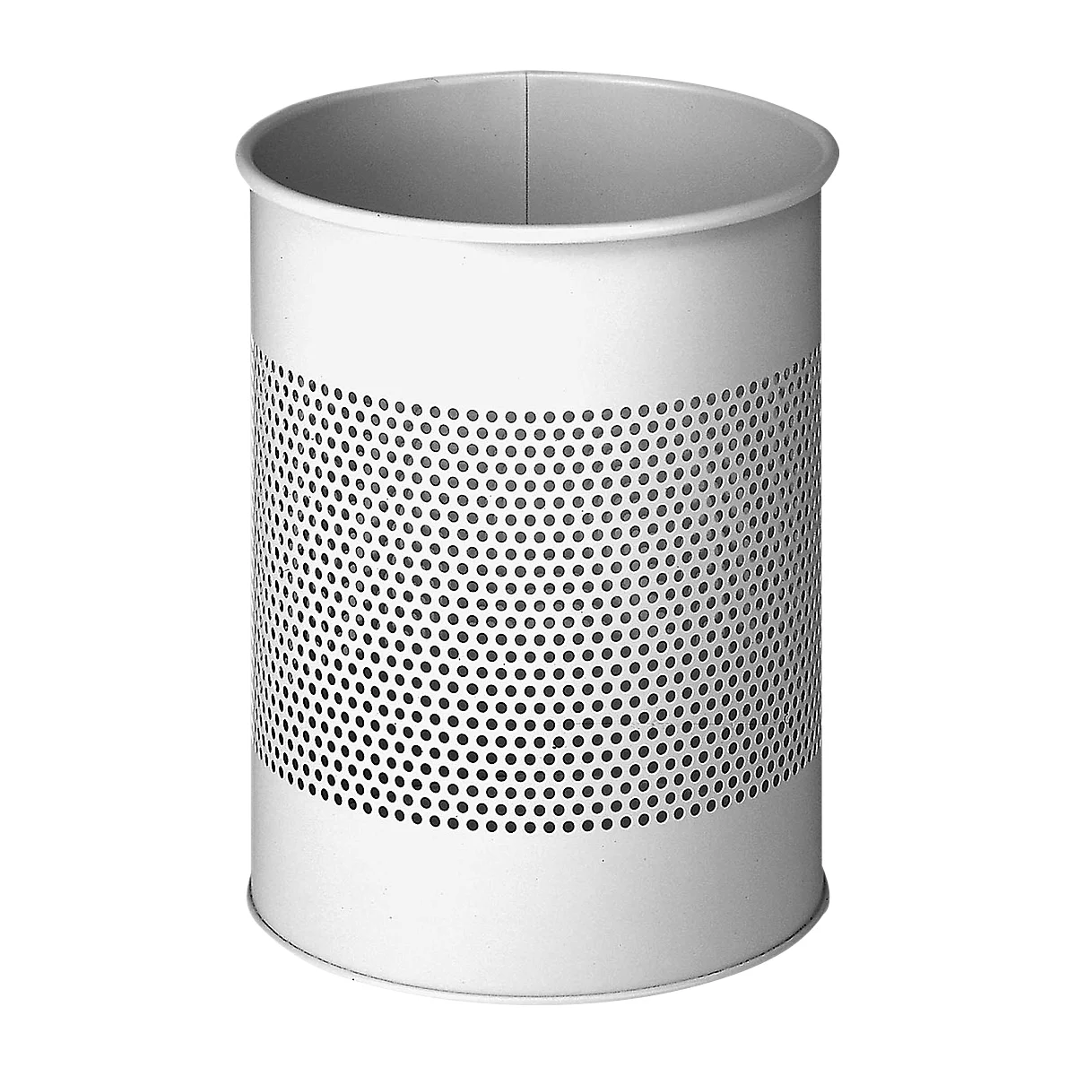 White cylindrical trash can with a perforated pattern.