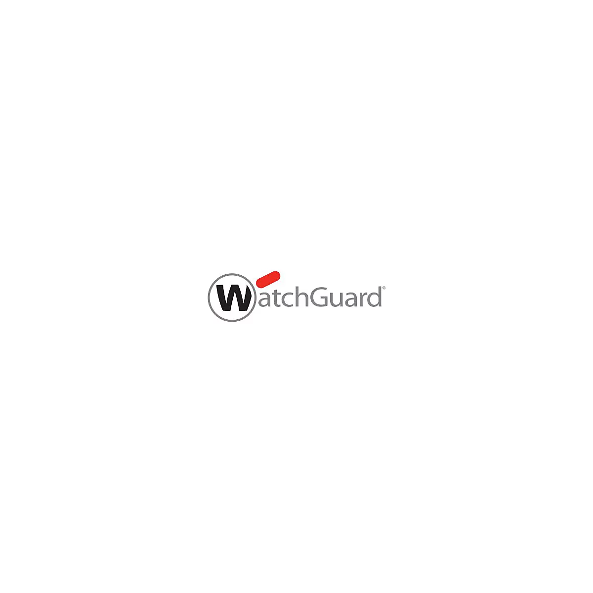 WatchGuard Logo: Großes schwarzes W im grauen Kreis, rotes Element darüber, grauer Schriftzug.