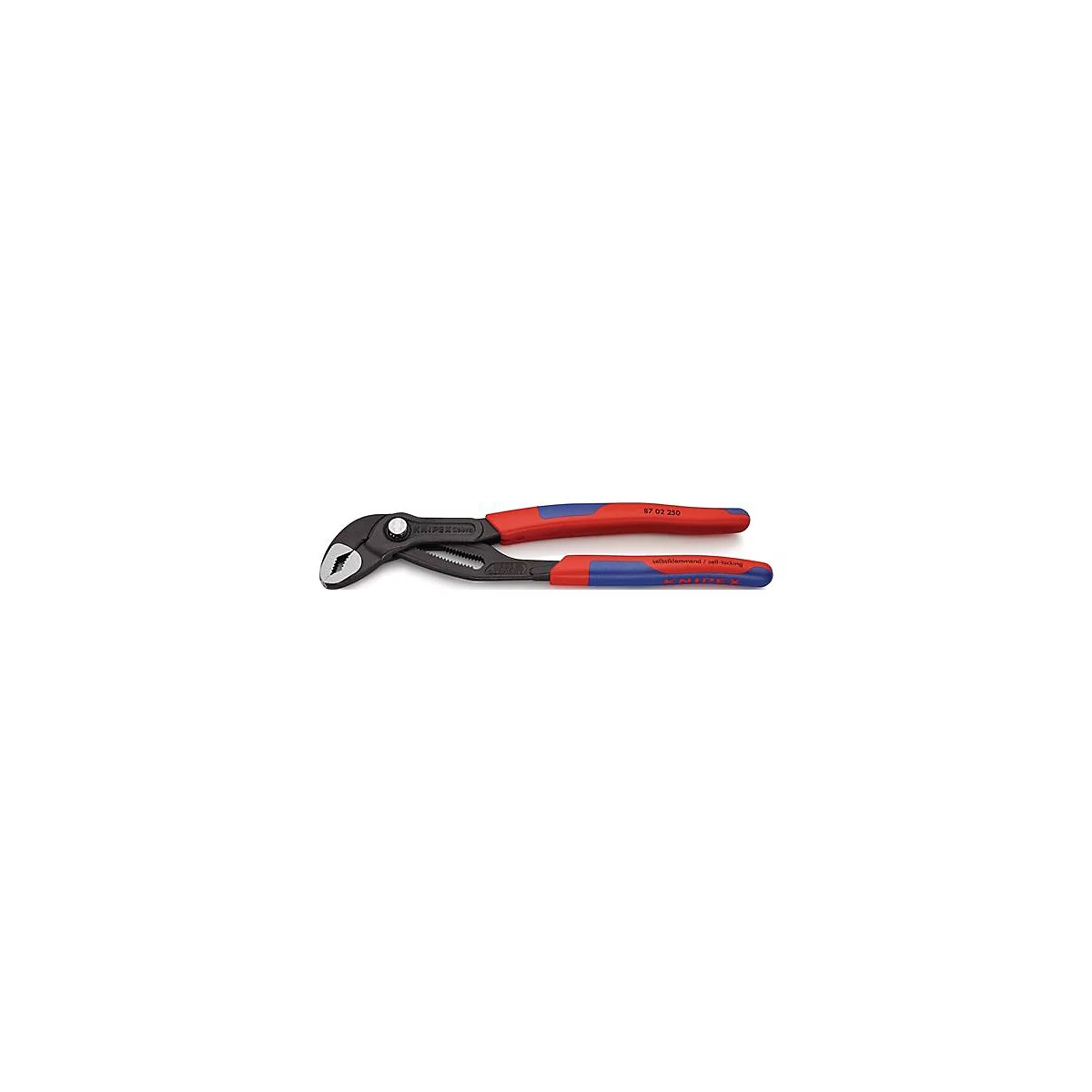 Pijptang met rood-blauwe handgrepen, merk KNIPEX. Productnummer op handgrepen.