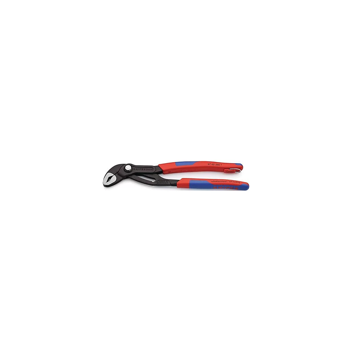Een Knipex tang. Metallic, rood en blauw, handvat met opschrift. Productnummer.