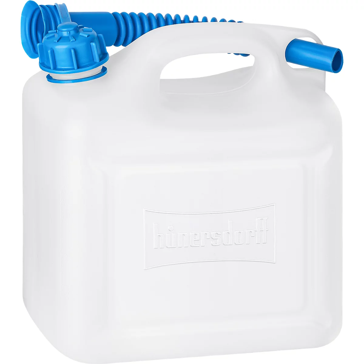 Witte jerrycan met blauwe dop, handvat en tuit. In reliëf: 'hinersdorff'.