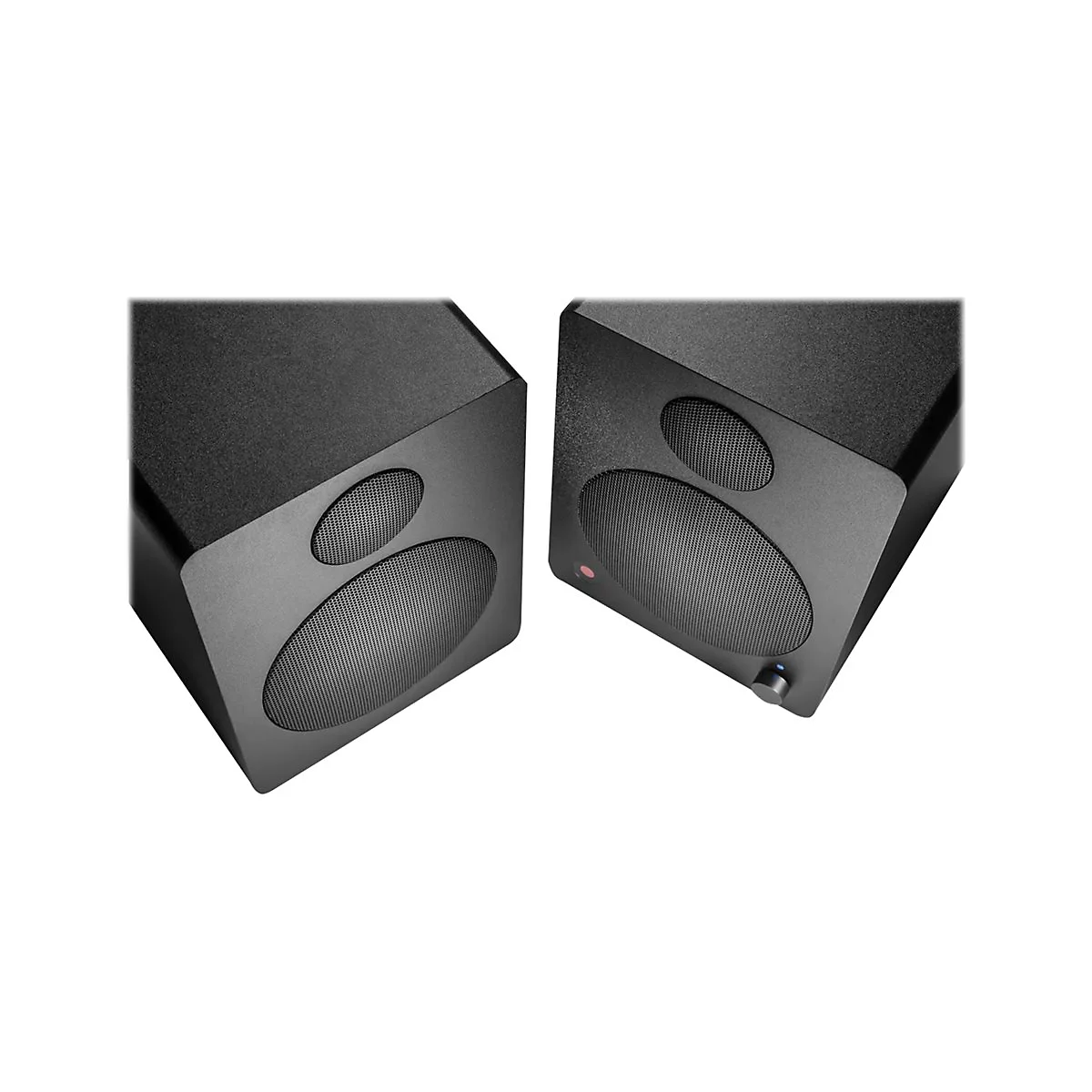Zwei schwarze Lautsprecher mit ovalen Gittern und einem kleinen roten Punkt.