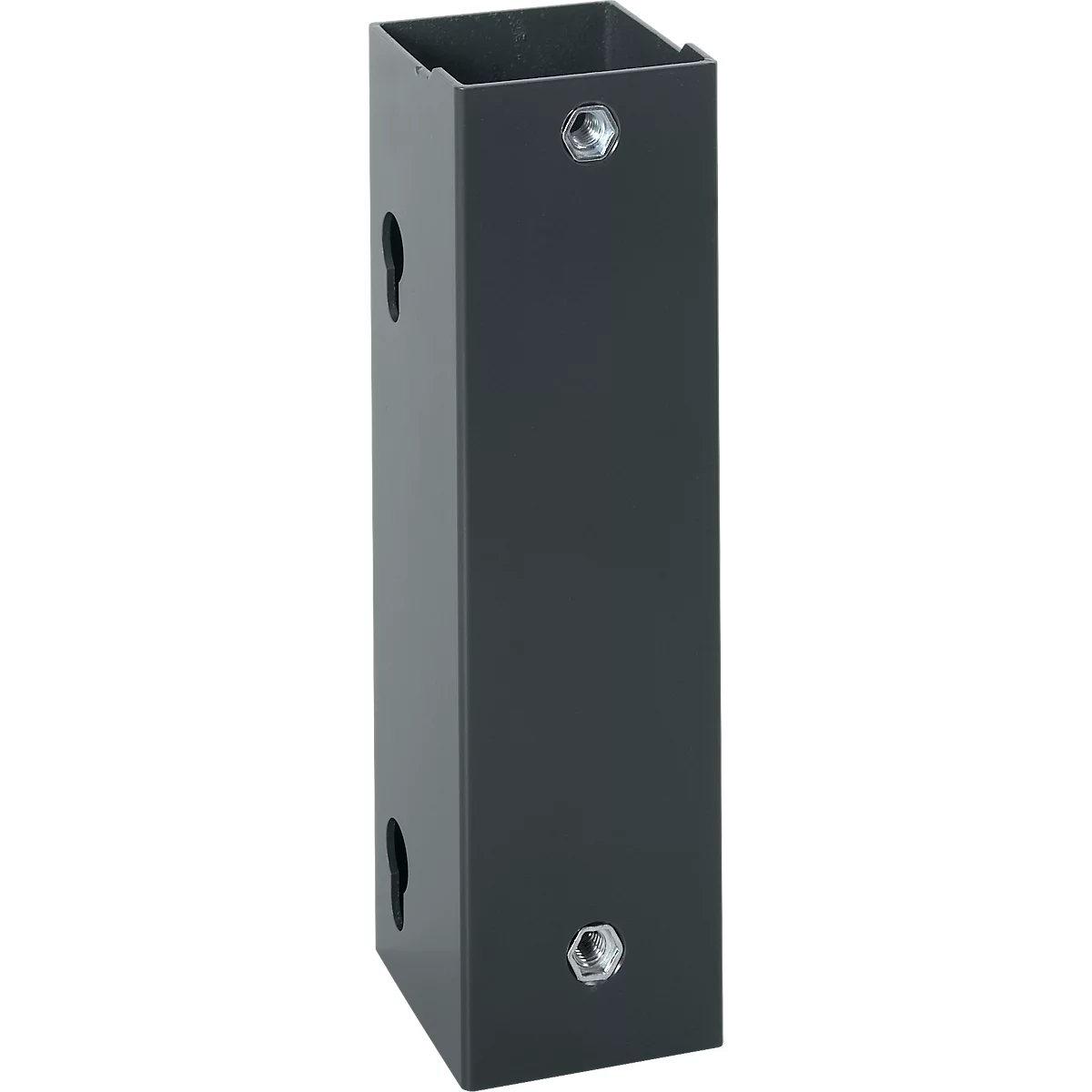 Grauer, rechteckiger Metallhalter mit Schrauben und Aufhängevorrichtungen. Er hat eine offene Oberseite.