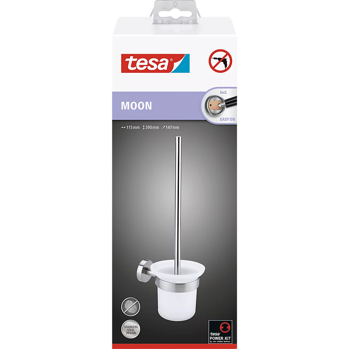 WC-Bürste tesa Moon, Befestigung ohne Bohren, inkl. Klebelösung, ablösbar, Edelstahloptik