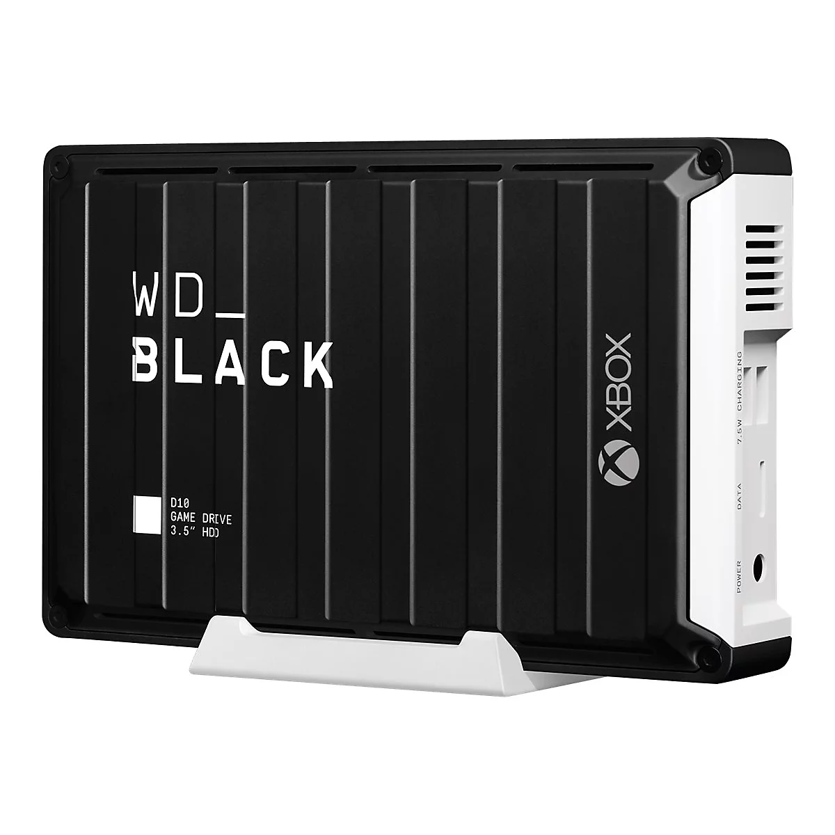 Schwarze externe Festplatte für Xbox. Aufdruck WD_BLACK und Xbox Logo. Mit weißem Standfuß.