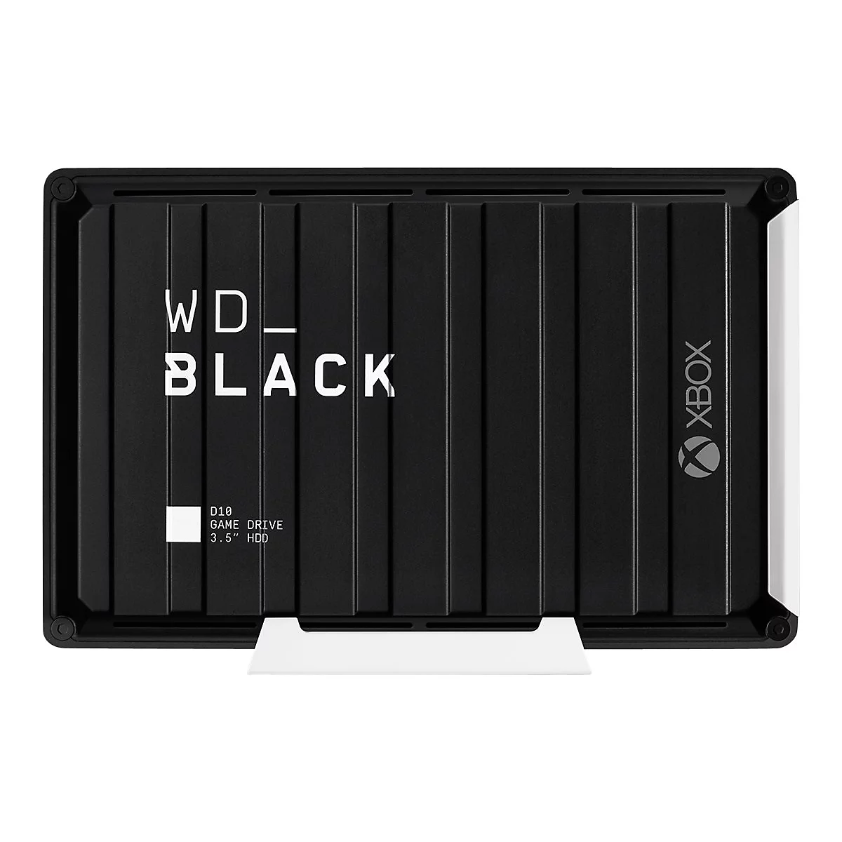 Schwarze externe Festplatte, die WD_BLACK und Xbox-Logo zeigt. Auf der Festplatte steht auch D10 Game Drive 3.5" HDD.