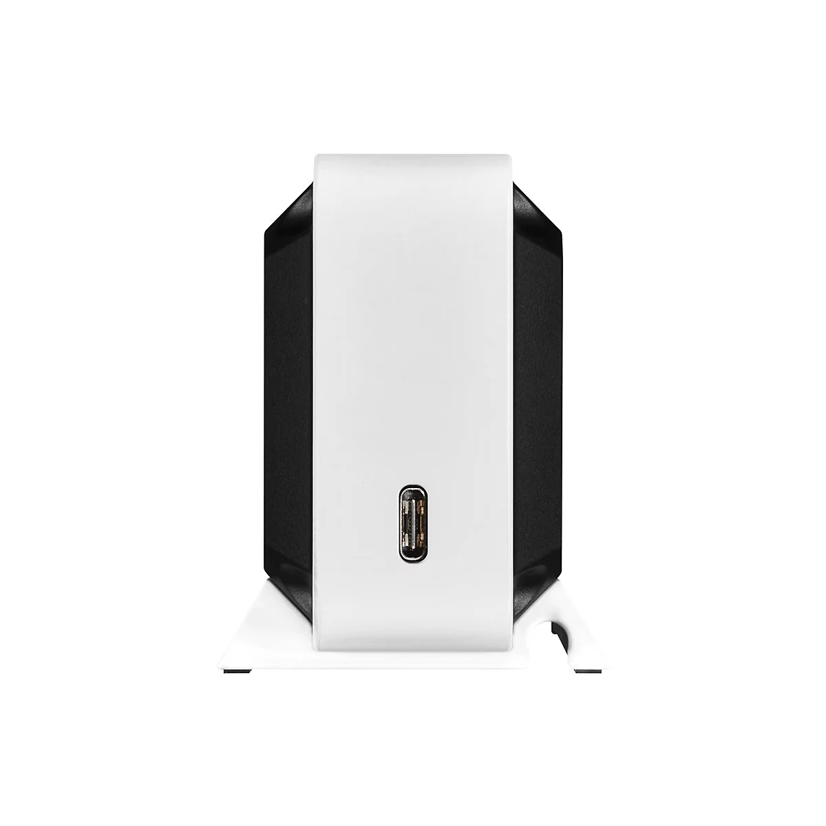 WeiÃŸes ComputergehÃ¤use mit schwarzer RÃ¼ckseite und USB-C-Anschluss, steht auf einem weiÃŸen StÃ¤nder.