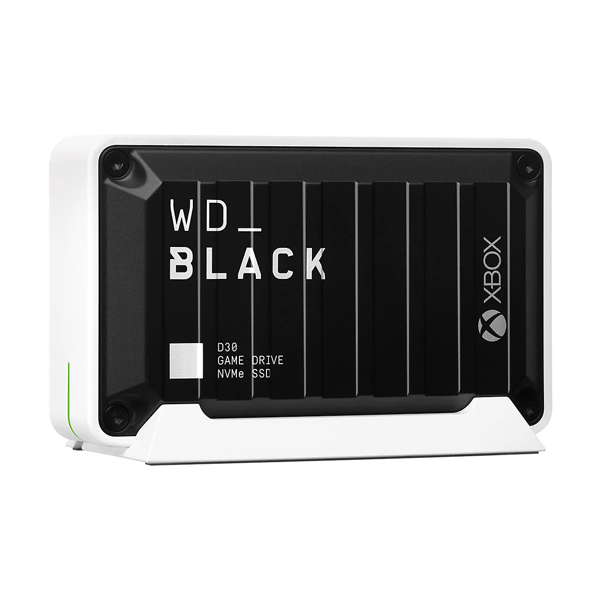 Externe Festplatte in Schwarz und WeiÃŸ, Schriftzug WD Black, Xbox Logo, auf weiÃŸem Sockel.
