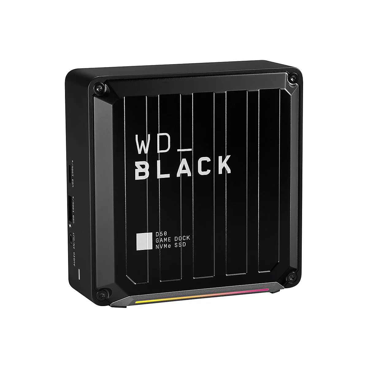 Schwarze WD Black D50 Game Dock NVMe SSD, rechteckig. Aufschrift WD_BLACK.