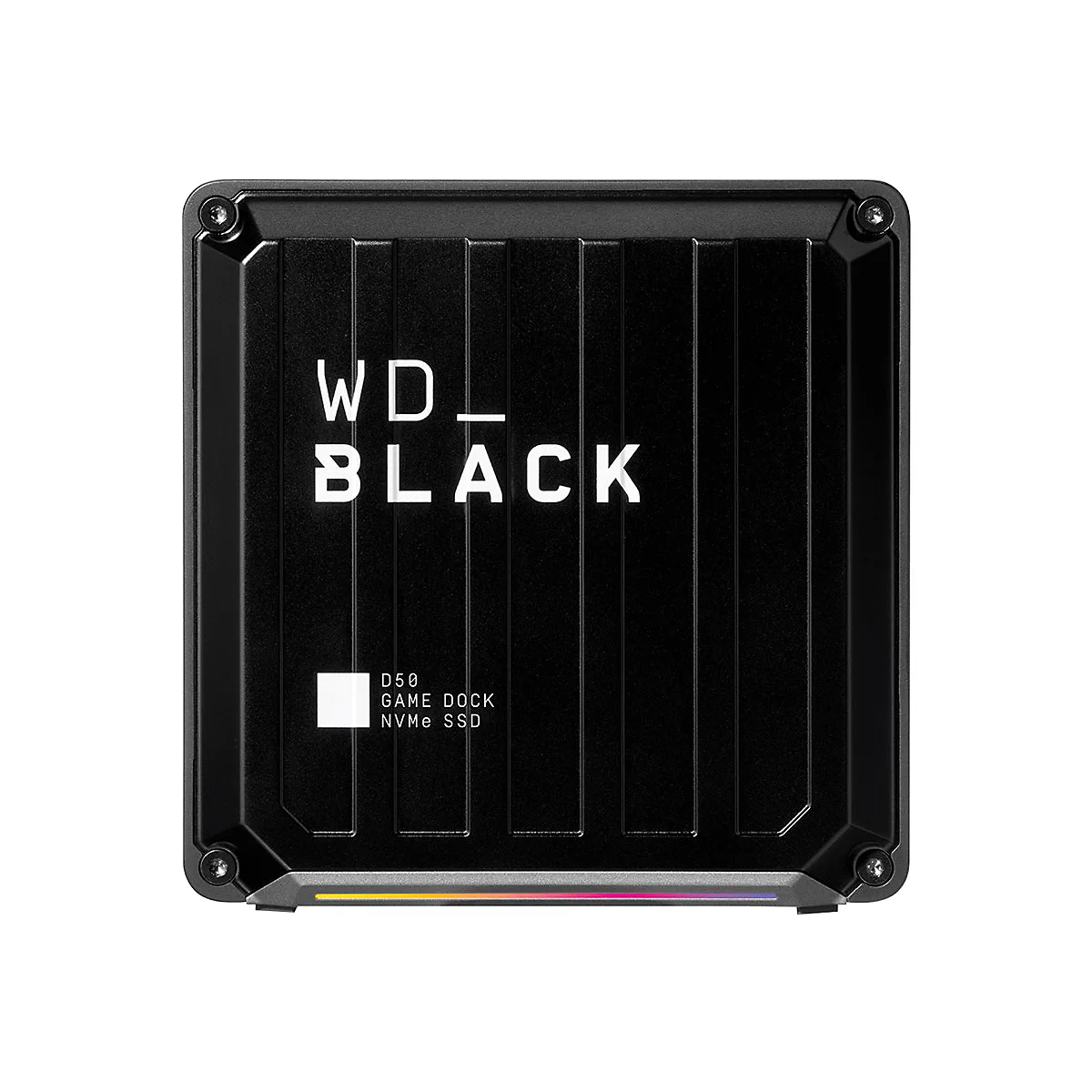 Schwarzes WD_BLACK SSD-GehÃ¤use, obere Ansicht. Schriftzug WD_BLACK und Produktdetails.