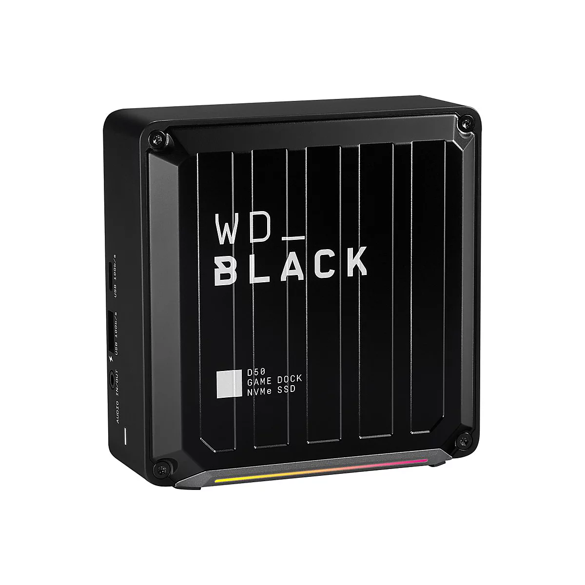 Schwarze WD_BLACK Game Dock SSD. Aufschrift: WD_BLACK, DS50 Game Dock NVMe SSD.