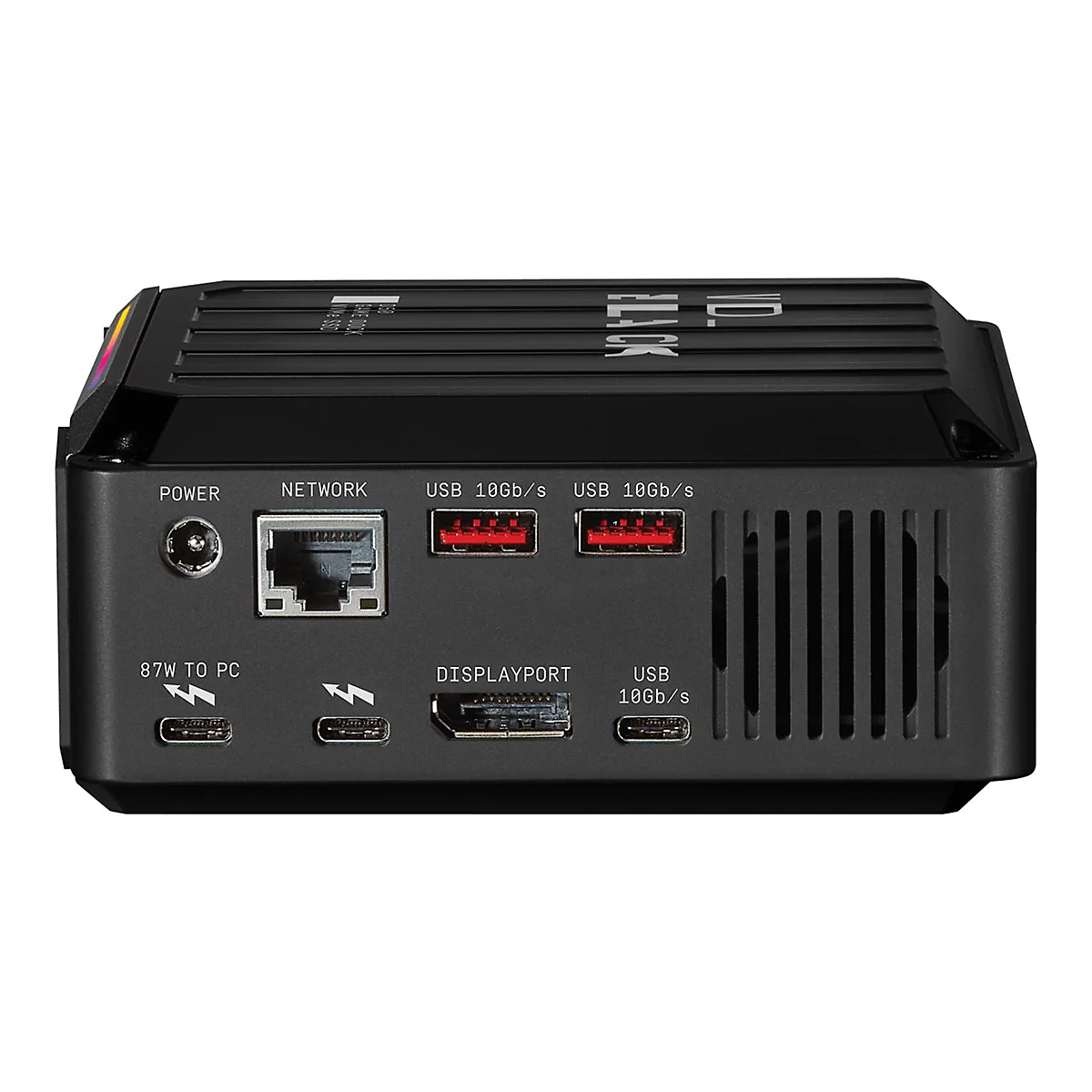 Schwarzer Computer, RÃ¼ckseite mit AnschlÃ¼ssen, darunter Power, Netzwerk, USB, Displayport und USB.