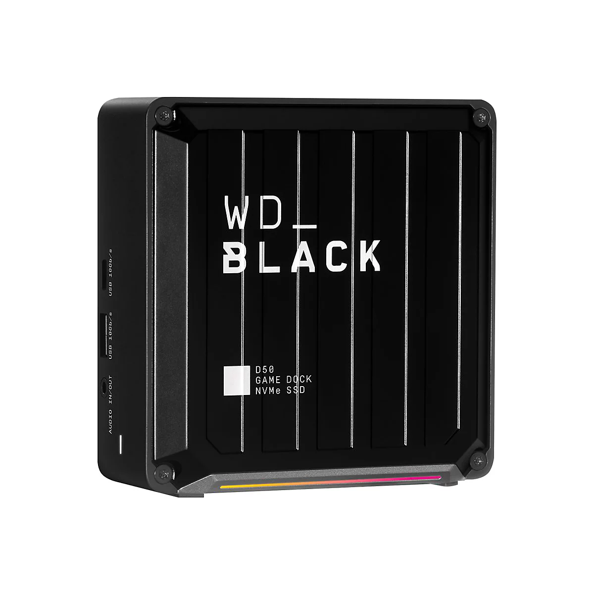 Schwarze WD_BLACK Game Dock, senkrechte Linien, weiÃŸer Schriftzug. Unten farbige LED-Leiste.