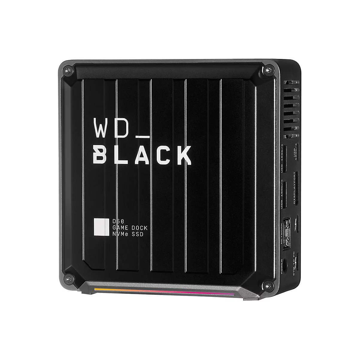 Schwarze WD_BLACK Game Dock, Frontansicht. Aufschrift: WD_BLACK, Game Dock, NVMe SSD. Unterseite mit farbiger Beleuchtung.