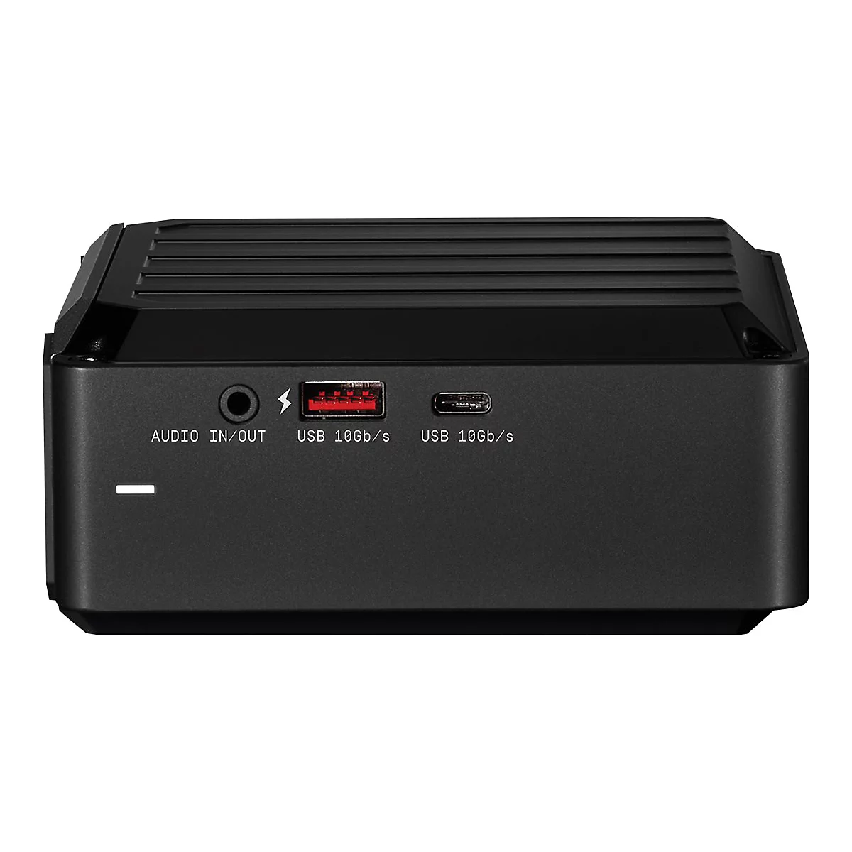 Schwarzer, rechteckiger Multimedia-Player. Audio-AnschlÃ¼sse, USB-AnschlÃ¼sse und Stromanschluss sind erkennbar.