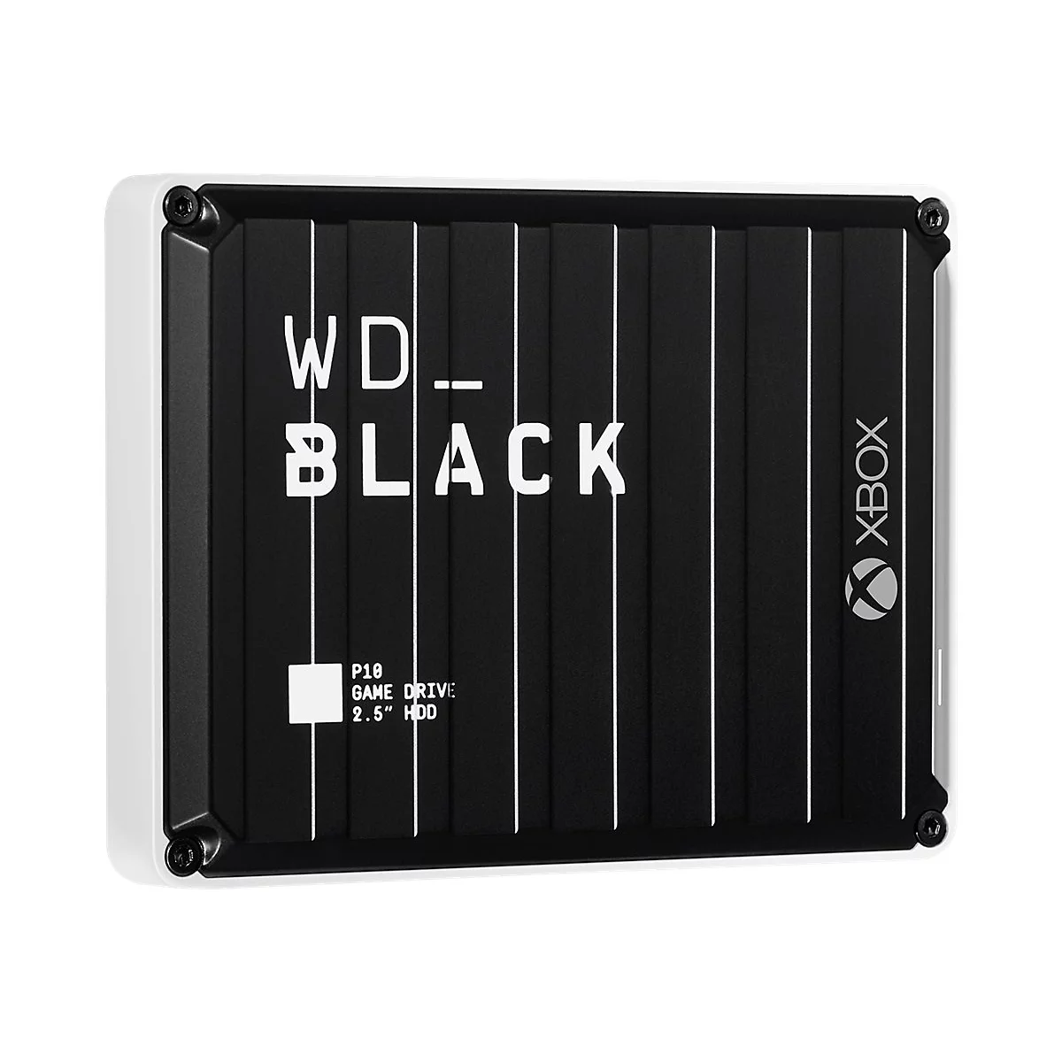 Schwarze externe Festplatte mit weißem Rand und 'WD_BLACK'-Logo, 'XBOX'-Logo, vertikalen Linien und Produktinformationen.